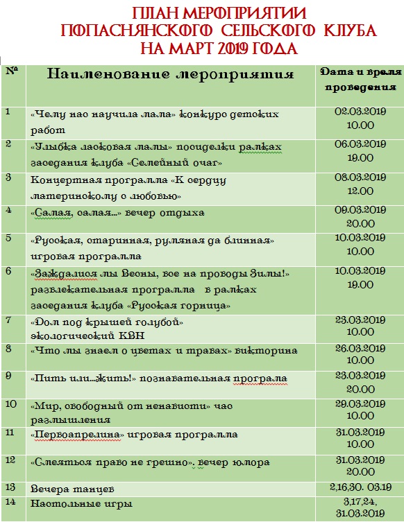 План мероприятий на май сельский клуб